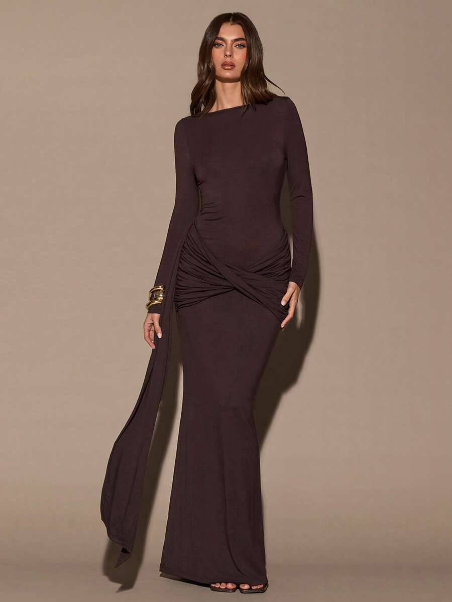 SHEIN BAE Đầm Maxi dài thanh lịch, cổ tròn, tay dài màu nâu, thiết kế xoắn eo, dáng xòe, buộc vạt, dành cho nữ mùa thu/đông, đầm dự tiệc, đầm hẹn hò lãng mạn, đầm phù dâu, đầm dạ hội, đầm sinh nhật, đầm Halloween, đầm Giáng sinh - màu nâu - Xem 1