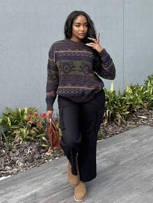 Alexandranx Geo Pattern Drop Shoulder Sweater,Long Sleeve Tops - Multicolor - View 5