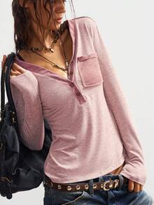 Bohemela Casual Solid Color V-Neck Long Sleeve Fitted Women T-Shirt
