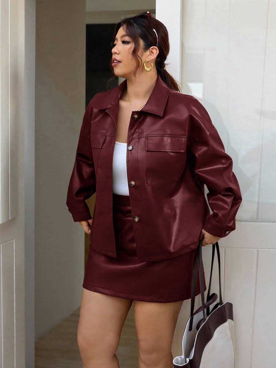 Lounesse Bộ 2 món áo khoác và chân váy PU cỡ lớn cho nữ, thời trang - Màu Đỏ Sâu - Xem 1