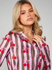 MISSGUIDED Bộ đồ ngủ sọc in họa tiết quả anh đào cài nút cho nữ Quần ngủ dài Quà tặng Giáng sinh - Nhiều màu - Xem 6