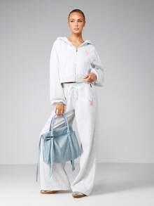 Missguided x Playboy 女士超大款短款拉链连帽衫，带抽绳帽，休闲居家服/街头服饰 - 灰色 - 查看 5