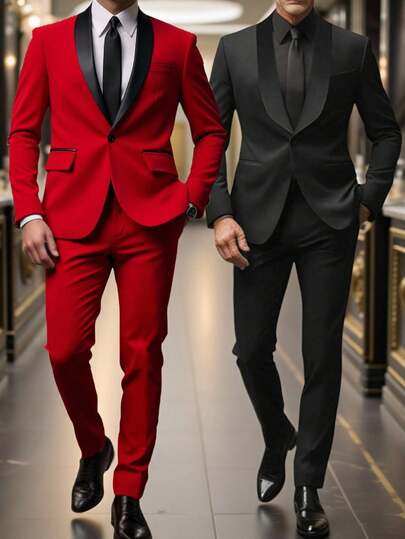 2pcs/Set Teen Boy Gentleman Suit, Includes High-End Tuxedo Jacket With Contrast Collar And Formal Trousers. Elegant, Luxurious Formal Outfit Suitable For Birthday Party, Gala, Performance, Hosting, Wedding Season (Birthday, Wedding, Wedding Guest, Pageboy, Ring Boy)