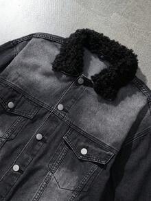 ROMWE MEN Street Life Men's Punk Faded Denim Long Sleeve Jacket - Black - View 4