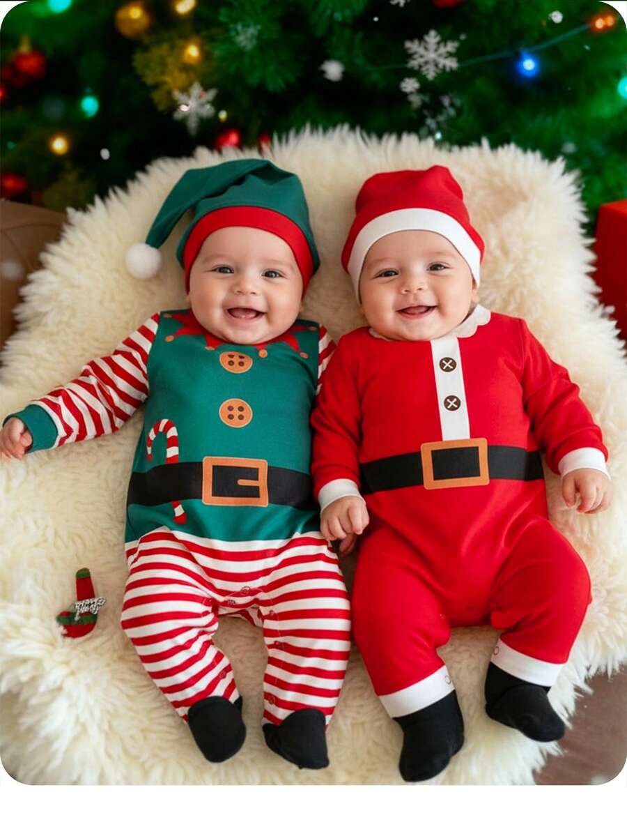 Bộ đồ liền thân dài tay sọc nhiều màu dễ thương cho bé gái sơ sinh kèm mũ - màu xanh lá - Xem 1