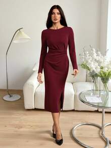 SHEIN Tall 女士休闲圣诞节/情人节红色心形图案开衩扭纹长袖修身中长连衣裙格子女裙 - 酒紅色 - 查看 1