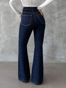 SHEIN Plus Hight Waist Snow Wash Flare Jean - Dark Wash - View 2