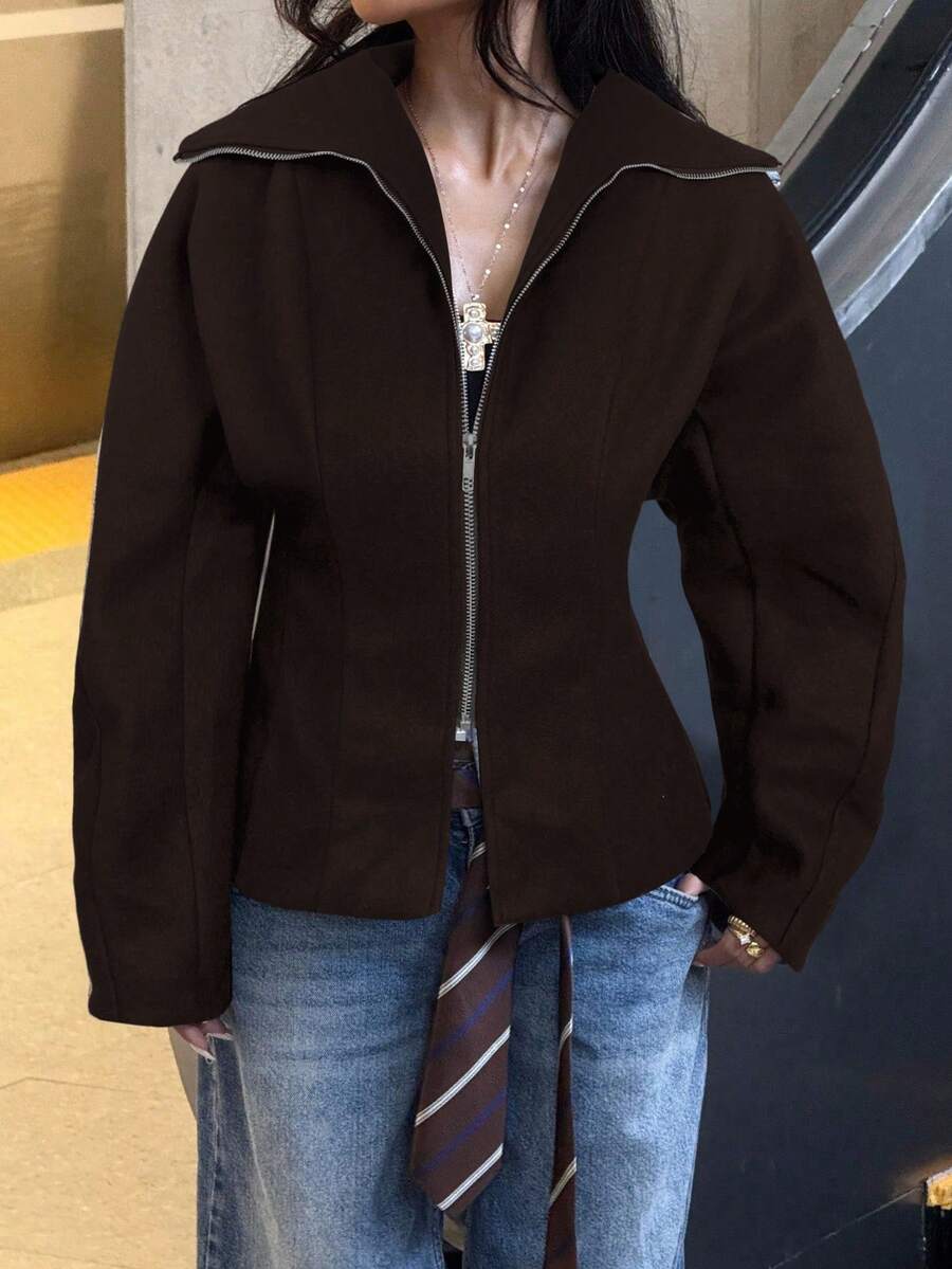 Muchica 女式灰色长袖拉链休闲常规夹克秋冬女装 - 棕色 - 查看 1