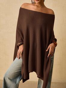 Travachic Áo len Poncho rộng rãi hở vai màu trắng cỡ lớn dành cho nữ, mùa thu/đông - màu nâu - Xem 5