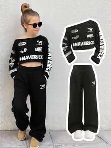 年轻女孩字母印花不对称肩长袖运动衫和阔腿裤休闲套装，秋季 - 黑色 - 查看 8