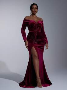 Aureia فستان أنيق فاخر من الفلفت الكوري باللون البرغندي، كتف مكشوف، أكمام طويلة، مطوي من الجانب، شق عالي، ذيل سمكة مع ذيل، مناسب لحفلات المساء، حفلات العزاب، المواعدة، الحفلات الراقصة، الزفاف، والمناسبات الرسمية