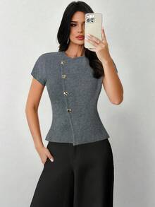 Firerie Women's Deep Floral V-Neck Metal Button Front Cap Sleeve Sweater Top, Everyday Commute Knitwear, New Arrival For Spring, Autumn & Winter - Grey - View 1
