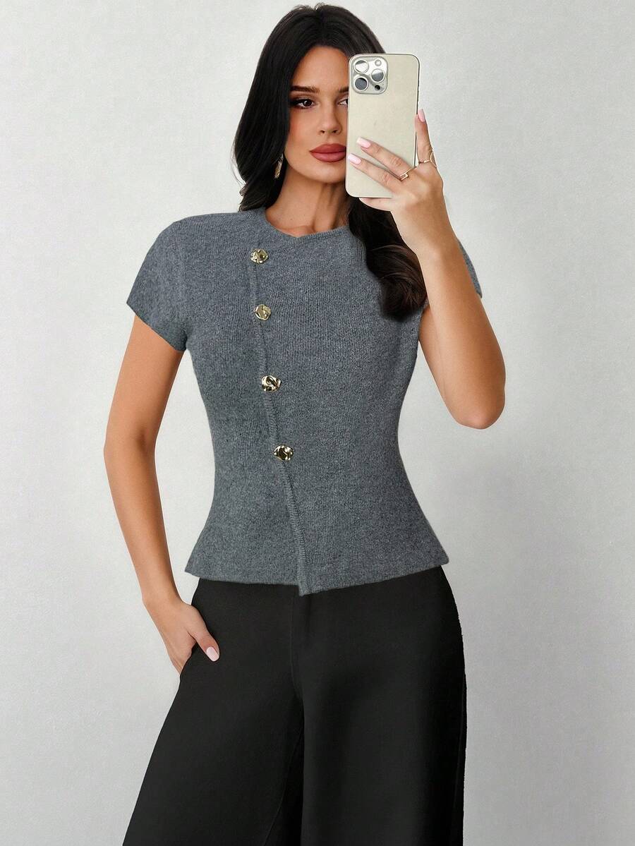 Firerie Women's Deep Floral V-Neck Metal Button Front Cap Sleeve Sweater Top, Everyday Commute Knitwear, New Arrival For Spring, Autumn & Winter - Grey - View 1