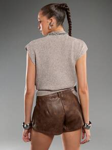 Normani Elegant High Neck Loose Casual Versatile Sleeveless Knit Sweater Vest Going Out Tops Women,Tops For School In Fall/Winter - Apricot - View 2