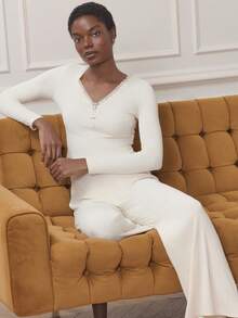 lacRébo White Cozy Ribbed Pajama Set With Lace-Trimmed Neckline And Delicate Flower Details - Soft And Feminine Sleepwear White Soft Sleepwear - Beige - View 1