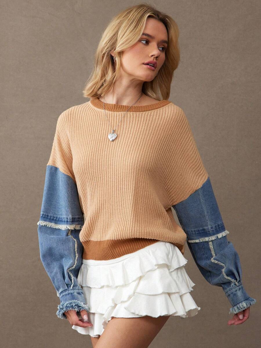 WESTFADE Mixed Media Rib Knit Contrast Denim Round Neck Colorblock Oversized Long Sleeve Cotton Blend Sweater Fall, Autumn, Winter - Multicolor - View 1