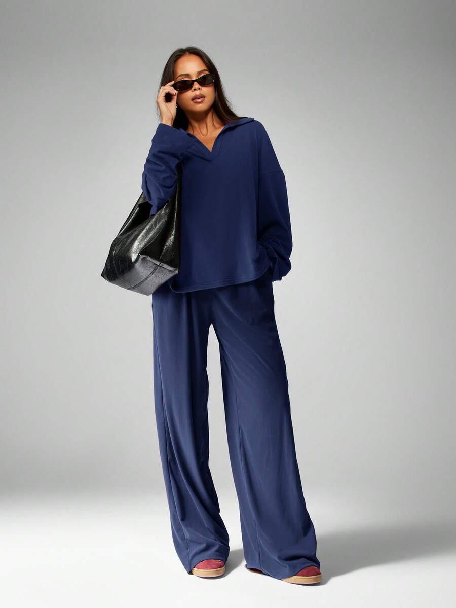 MISSGUIDED 女士柔软触感套装，宽松V领上衣搭配阔腿裤，休闲家居服 - 藏蓝色 - 查看 1
