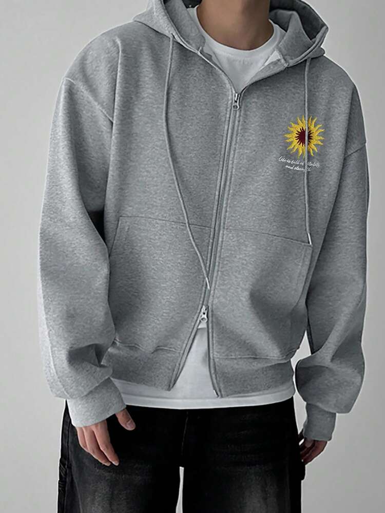 Heavyweight Thick Sun & Letter Embroidered Gray Men's Hooded Sweatshirt Sweatshirt, Autumn/Winter