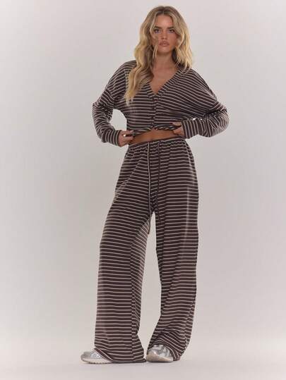 MUSERA Wide Leg High Waist Drawstring Stripe Co-Ord Trousers Only Cosy Cute Casual Chic Two Pieces Lounge Set Comfortable Coffee Club