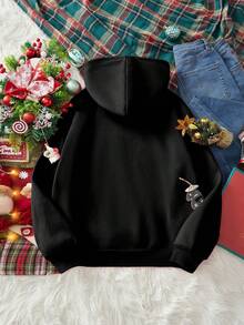 EMERY ROSE Casual Minimalist Green Christmas Tree Positioning Print Pattern Hooded Long Sleeve Loose Fit Thick Sweatshirt For Women, Suitable For Autumn/Winter, Christmas Atmosphere, Family Gathering, Couple/Family Set New Year Party - Black - View 2