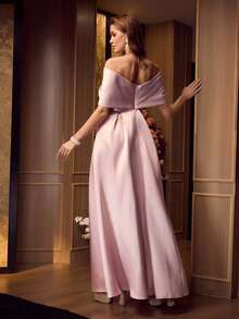 MOTF Soiréza WOMEN'S ELEGANT OFF-THE-SHOULDER FLOOR-LENGTH SATIN EVENING GOWN – SPARKLY SEQUIN FLORAL EMBROIDERY WITH GREEN LEAVES, FITTED SILHOUETTE FOR WEDDINGS, GALAS & FORMAL EVENTS & BLACK TIE GALAS, RED CARPET EVENTS, LUXURY WEDDING RECEPTIONS, AND AWARD CEREMONIES WEDDING PROM DRESS & FORMAL PARTIES - Pink - View 5