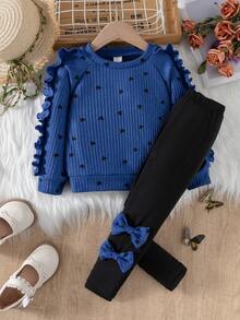 SHEIN 2pcs/Set Young Girl Casual Heart Print Ruffle Trim Long Sleeve Top And Undershirt