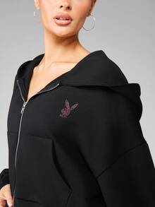 Missguided x Playboy 水钻字母印花连帽衫 全拉链抽绳卫衣 - 黑色 - 查看 4