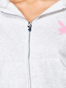 Missguided x Playboy 女士超大款短款拉链连帽衫，带抽绳帽，休闲居家服/街头服饰 - 灰色 - 查看 4
