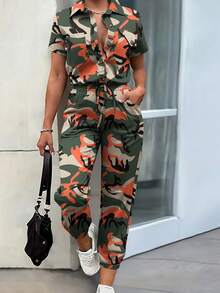 SHEIN LUNE Women's Casual Shirt Collar Elastic Cinched Waist Decor Camouflage Print Long Jumpsuit, Spring/Summer
