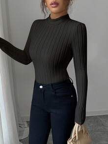 SHEIN Elenzya 女士标准尺码罗纹抓绒连体衣，秋冬季 - 黑色 - 查看 7