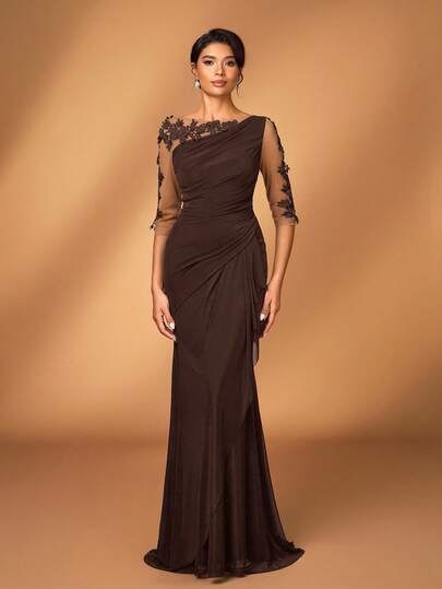 Serin Elegant Luxurious Embroidered Lace Sheer Long Sleeve Elastic Knit Mesh Ruched Mermaid Hem Dress, Suitable For Weddings, Parties, Vacations, Galas, Bridal Shower, Valentine's Day