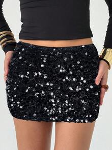 Aloruh 女士派对及音乐节低腰亮片紧身迷你裙 - 黑色 - 查看 4