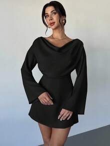 Firerie 杏色船领喇叭袖收腰褶皱连衣裙，适合办公室穿着；新款秋冬简约优雅通勤连衣裙；杏色缎面不对称褶皱领喇叭袖通勤办公室优雅时尚连衣裙；秋季女士外套；婚礼宾客礼服 - 黑色 - 查看 8