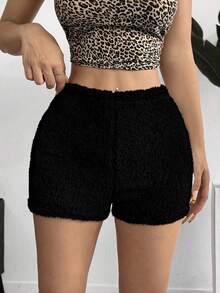 SHEIN EZwear Women's Black Regular Fit Casual Mini Shorts In Teddy Fabric - Black - View 6