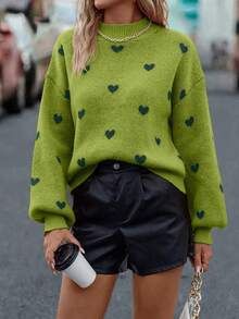 SHEIN LUNE Women's Heart Pattern Round Neck Drop Shoulder Long Sleeve Casual Loose Pullover Sweater, Autumn/Winter - Green - View 4