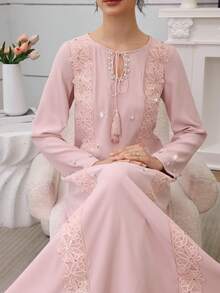 SHEIN Najma Elegantes Blumen-Spitzenbesatz Rundhals Loose Fit Luxuriöser Edler Stil Langarm Kleid für Frauen