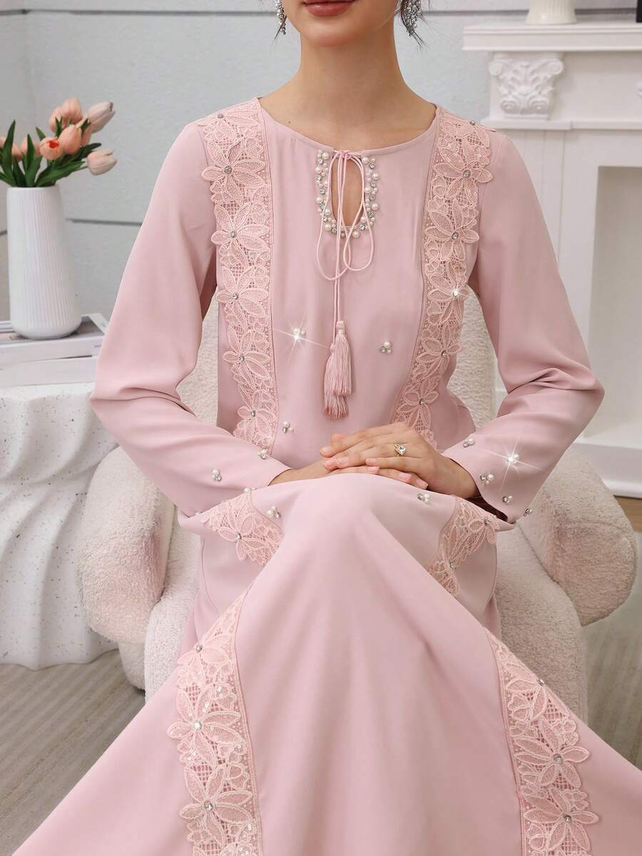 SHEIN Najma Elegantes Blumen-Spitzenbesatz Rundhals Loose Fit Luxuriöser Edler Stil Langarm Kleid für Frauen