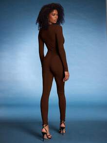 Normani Ladies' Deep V-Neck Solid Color Unitards For Summer Fall Cloth For Women - Coffee Brown - View 2