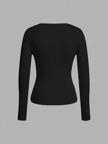 SHEIN EZwear Bộ 3 áo thun dài tay bó sát cổ chữ V sâu cho nữ, màu đen - màu đen - Xem 4