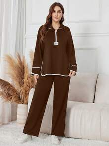 Modelyn Women's Black Stand Collar Half Zip Hoodie With Letter Patch, Loose Casual 2 Pieces Set, Suitable For Autumn/Winter - Brown - View 5