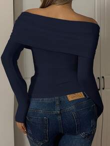 SHEIN EZwear 女士休闲纯色简约针织不对称肩部T恤深蓝色上衣牛仔上衣女士上衣性感海军蓝上衣 - 藏蓝色 - 查看 2