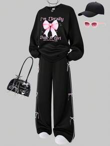 SHEIN Explorewe 两件套休闲少女V领落肩短袖上衣和阔腿裤，数字图案 - 黑色 - 查看 7