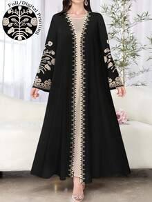 SHEIN Najma 女士花卉印花长袖休闲阿拉伯长袍，适合春秋季节 - 彩色 - 查看 1