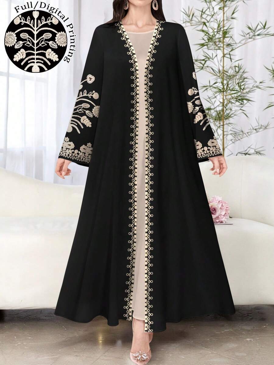 SHEIN Najma 女士花卉印花长袖休闲阿拉伯长袍，适合春秋季节 - 彩色 - 查看 1