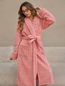 HautHeat 女士纯色蓬松保暖浴袍 - 粉色 - 查看 2