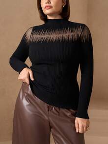 Chikora 加大码黑色镂空针织毛衣，秋冬复古风外套，圣诞节新年感恩节优雅上衣，性感假日度假黑色上衣 - 黑色 - 查看 4