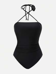 Sweetra Women's Elegant Palace Style Halter Princess One Piece Swimsuit With 3D Floral Decor, Ivory For Summer Beach Vacation