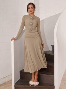 Modelyn Women's Round Neck Long Sleeve Floral Decor Pleated Elegant Dress - Khaki - View 3