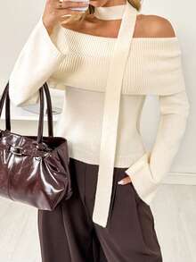 Ritzy Row Women's Winter Christmas Outfits, Christmas And New Year's Clothing, New Year's Eve White Clothing, Women's New Year's White Tops, Women's Off-Shoulder Large Lapel Ribbed Knit With Scarf, Fashionable Women's Sweaters, Elegant Women's Sweaters, Simple Women's Sweaters, Casual Women's Sweaters, Holiday Parties, Spring Women's Clothing, Autumn And Winter Women's Clothing, Winter Women's Clothing, Bell Sleeves, Long Sleeves, Slim Fit, White And Beige Women's Pullover Sweaters - Beige - View 4