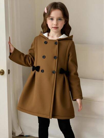 Young Girl' Fashionable & Elegant Camel Thermal Lined Hooded Wool Coat, Decorated With Double-Breasted Bow, Suitable For Winter Outings, Holidays And Parties, Creating A Stylish Look